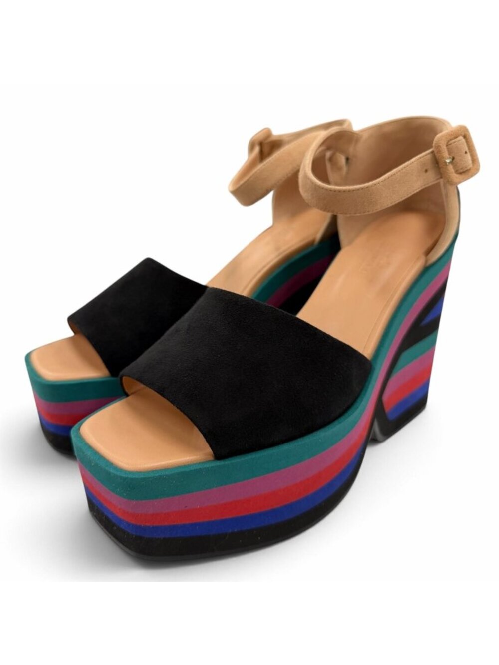 Hermes Suede Leather Wedge Sole Ankle Strap Sandals Black Multi